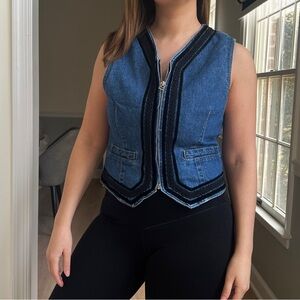 Vintage 90s Lizwear Cropped Denim Vest Small Velvet Trim